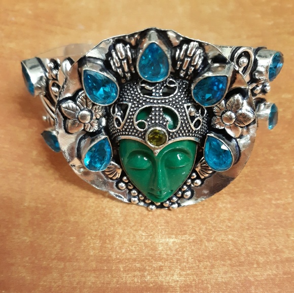 New Carved Goddess Face Blue Topaz & Peridot 925 Silver Cuff Bracelet. - Picture 6 of 8